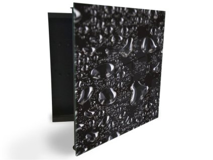 Glasdekor skříňka na klíče - kapky vody na lesklém černém povrchu (Barva skříňky Černá, Otevírání Pravé)