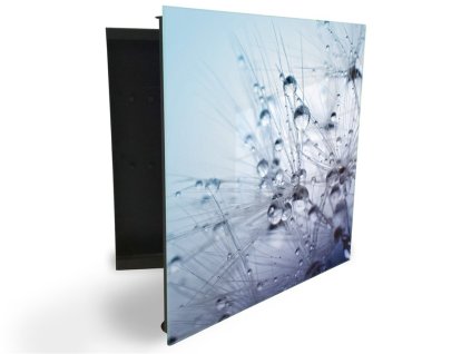 Glasdekor skříňka na klíče - modré orosené chmýří pampelišky (Barva skříňky Černá, Otevírání Pravé)