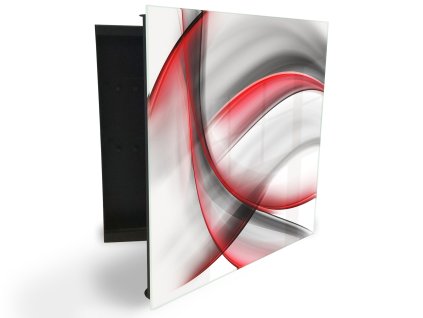 Glasdekor skříňka na klíče - červeno černý abstrakt na bílém (Barva skříňky Černá, Otevírání Pravé)