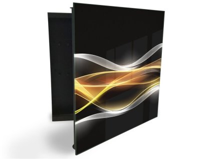 Glasdekor skříňka na klíče - bílo zlatá abstrakce na černém (Barva skříňky Černá, Otevírání Pravé)