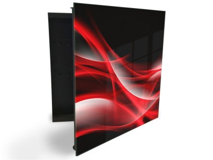 Glasdekor skříňka na klíče - rudě červená abstrakce na černém (Barva skříňky Černá, Otevírání Pravé)