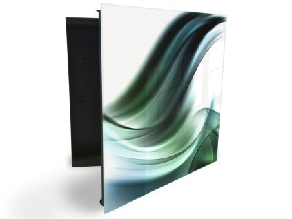 Glasdekor skříňka na klíče - modro zelená vlna abstrakce (Barva skříňky Černá, Otevírání Pravé)