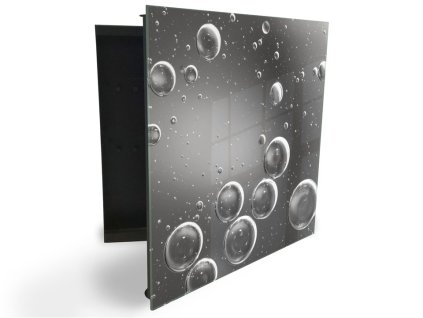 Glasdekor skříňka na klíče -šedé abstraktní bubliny (Barva skříňky Černá, Otevírání Pravé)