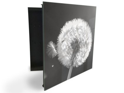 Glasdekor skříňka na klíče - černo bílá odkvetlá pampeliška (Barva skříňky Černá, Otevírání Pravé)