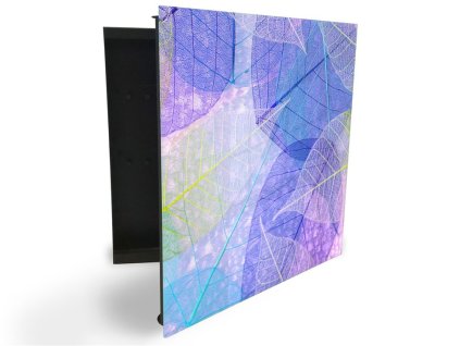 Glasdekor skříňka na klíče - fialová abstraktní kostra listí (Barva skříňky Černá, Otevírání Pravé)