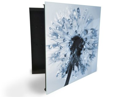 Glasdekor skříňka na klíče - pampeliška s kapkami rosy (Barva skříňky Černá, Otevírání Pravé)