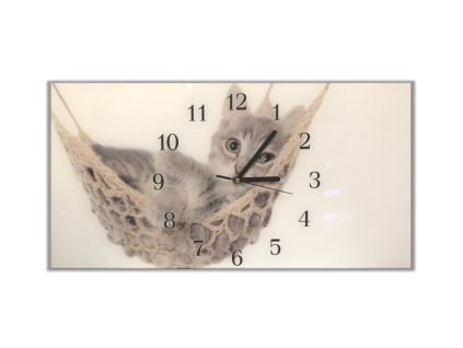 Nástěnné hodiny 30x60cm malá kočka v houpací síti (Materiál kalené sklo)