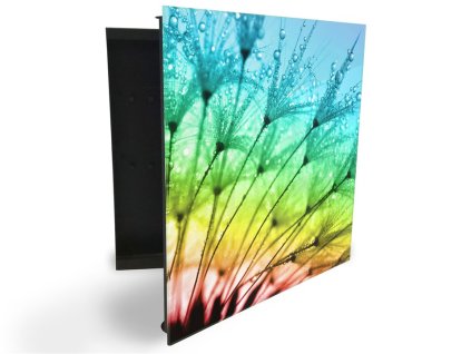 Glasdekor skříňka na klíče - orosená pampeliška v duze (Barva skříňky Černá, Otevírání Pravé)