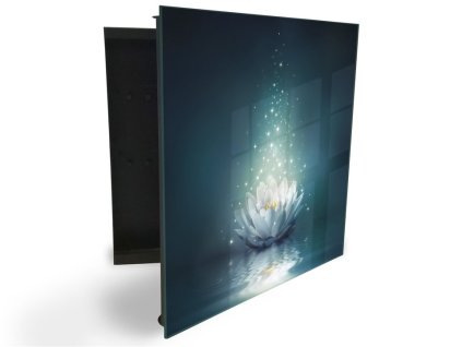 Glasdekor skříňka na klíče - květ leknínu ve třpytu (Barva skříňky Černá, Otevírání Pravé)