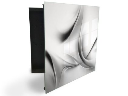 Glasdekor skříňka na klíče - abstraktní šedo černá vlna (Barva skříňky Černá, Otevírání Pravé)