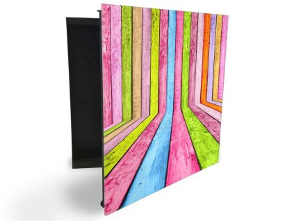 Glasdekor skříňka na klíče - barevné abstraktní dřevo (Barva skříňky Bílá, Otevírání Pravé)