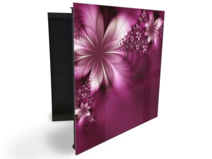 Glasdekor skříňka na klíče - abstraktní květ temně fialový (Barva skříňky Černá, Otevírání Pravé)