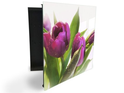 Glasdekor skříňka na klíče - květ fialový tulipán na bílém podkladu (Barva skříňky Černá, Otevírání Pravé)