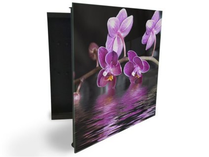 Glasdekor skříňka na klíče - květy temně fialové orchideje nad hladinou (Barva skříňky Černá, Otevírání Pravé)