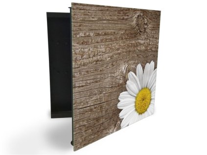 Glasdekor skříňka na klíče - květ bílé kopretiny na dřevě (Barva skříňky Černá, Otevírání Pravé)