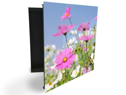 Glasdekor skříňka na klíče - květy letní louky a nebe (Barva skříňky Černá, Otevírání Pravé)