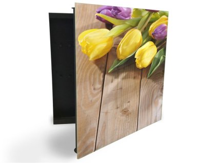 Glasdekor skříňka na klíče - žluté tulipány na dřevě (Barva skříňky Černá, Otevírání Pravé)