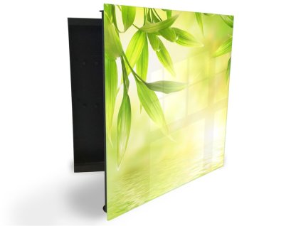 Glasdekor skříňka na klíče - bambus nad hladinou v záři slunce (Barva skříňky Černá, Otevírání Pravé)