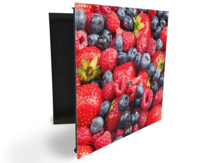 Glasdekor skříňka na klíče - ovoce borůvky, jahody a maliny (Barva skříňky Černá, Otevírání Pravé)