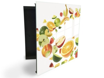 Glasdekor skříňka na klíče - vlna ovoce na bílém podkladu (Barva skříňky Černá, Otevírání Pravé)