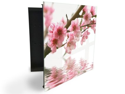 Glasdekor skříňka na klíče - rozkvetlá větev nad hladinou (Barva skříňky Černá, Otevírání Pravé)