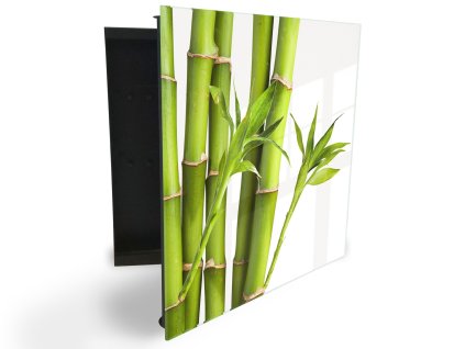 Glasdekor skříňka na klíče - zelený bambus na bílém pozadí (Barva skříňky Černá, Otevírání Pravé)