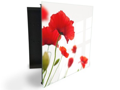 Glasdekor skříňka na klíče - krásné květy vlčích máků na bílém (Barva skříňky Černá, Otevírání Pravé)