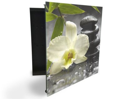 Glasdekor skříňka na klíče - květ orchidej, list bambusu a kámen (Barva skříňky Černá, Otevírání Pravé)
