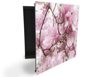Glasdekor skříňka na klíče - květy stromu magnolie (Barva skříňky Černá, Otevírání Pravé)