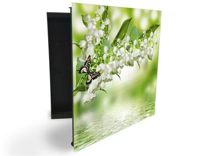 Glasdekor skříňka na klíče - květ konvalinky nad hladinou (Barva skříňky Černá, Otevírání Pravé)
