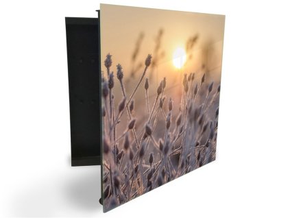 Glasdekor skříňka na klíče - zmrzlá tráva v ranním slunci (Barva skříňky Černá, Otevírání Pravé)