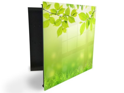 Glasdekor skříňka na klíče - jarní listí a tráva (Barva skříňky Černá, Otevírání Pravé)