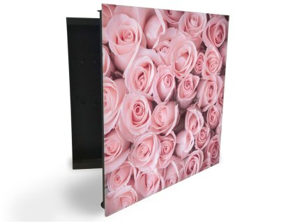 Glasdekor skříňka na klíče - květy světle růžových růží (Barva skříňky Černá, Otevírání Pravé)