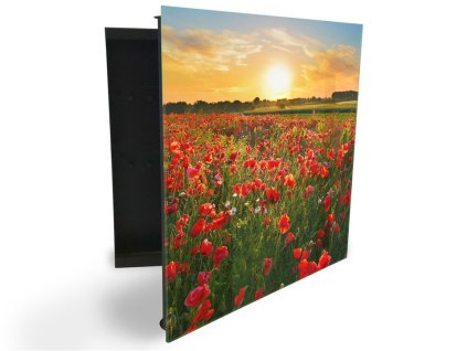 Glasdekor skříňka na klíče - louka vlčí máky v západu slunce (Barva skříňky Černá, Otevírání Pravé)