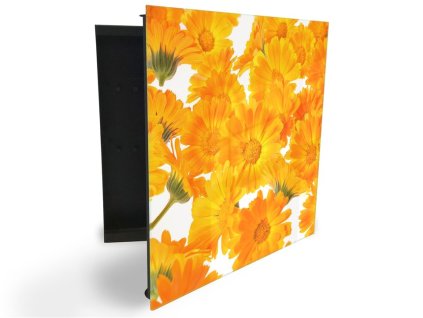 Glasdekor skříňka na klíče - oranžové květy měsíčku lékařského (Barva skříňky Černá, Otevírání Pravé)