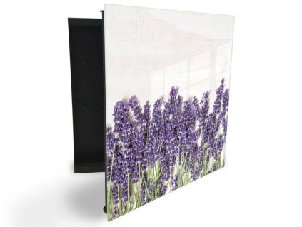 Glasdekor skříňka na klíče - květ levandule na bílém podkladu (Barva skříňky Černá, Otevírání Pravé)