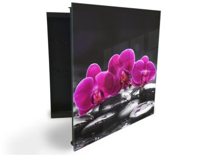 Glasdekor skříňka na klíče - fialový květ orchideje na černém kameni (Barva skříňky Černá, Otevírání Pravé)