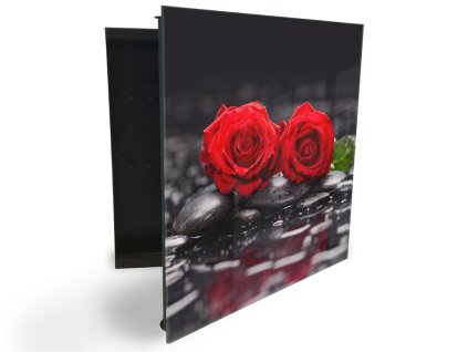 Glasdekor skříňka na klíče - červený květ růže na černém kameni (Barva skříňky Černá, Otevírání Pravé)