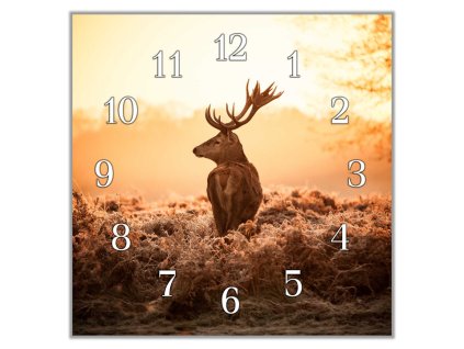 Nástěnné hodiny 30x30cm jelen v západu slunce (Materiál kalené sklo)