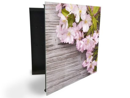 Glasdekor skříňka na klíče - růžové květy třešně na dřevě (Barva skříňky Černá, Otevírání Pravé)