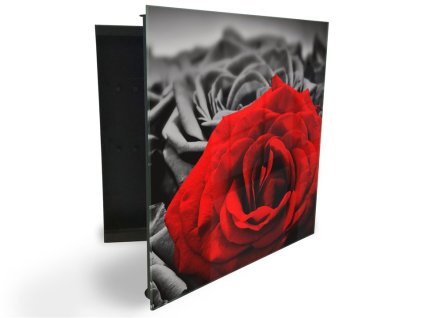 Glasdekor skříňka na klíče - černý a červený květ růže (Barva skříňky Černá, Otevírání Pravé)