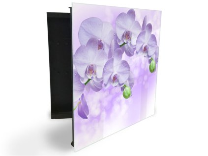Glasdekor skříňka na klíče - jemně fialové květy orchideje (Barva skříňky Černá, Otevírání Pravé)