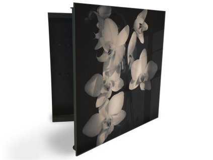 Glasdekor skříňka na klíče - květy bílé orchideje na černém podkladu (Barva skříňky Černá, Otevírání Pravé)