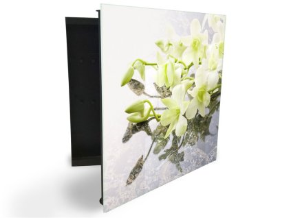 Glasdekor skříňka na klíče - květy orchideje na mramoru (Barva skříňky Černá, Otevírání Pravé)