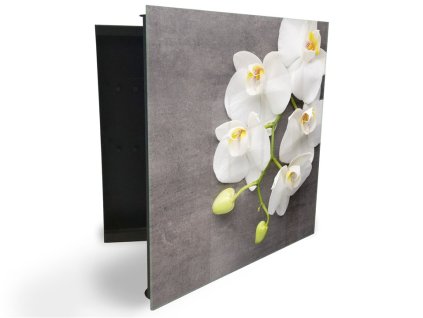 Glasdekor skříňka na klíče - bílé květy orchideje na betonu (Barva skříňky Černá, Otevírání Pravé)