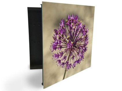 Glasdekor skříňka na klíče - fialový květ česneku (Barva skříňky Černá, Otevírání Pravé)