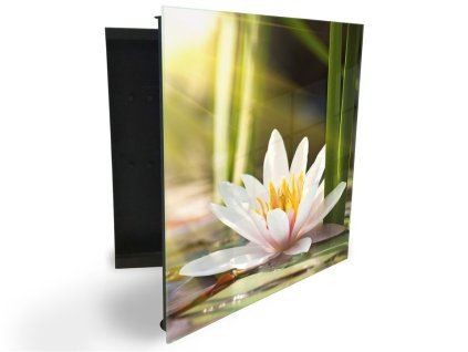 Glasdekor skříňka na klíče - leknín  v záři slunce (Barva skříňky Černá, Otevírání Pravé)