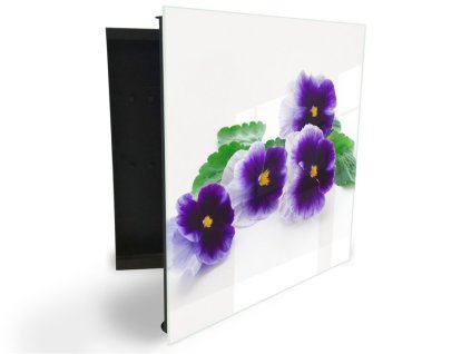 Glasdekor skříňka na klíče - květy fialových macešek (Barva skříňky Černá, Otevírání Pravé)