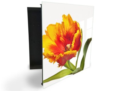 Glasdekor skříňka na klíče - malovaný žlutý květ tulipánu (Barva skříňky Černá, Otevírání Pravé)