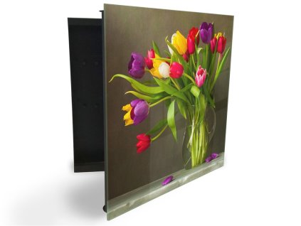 Glasdekor skříňka na klíče - kytice barevných tulipánů (Barva skříňky Černá, Otevírání Pravé)